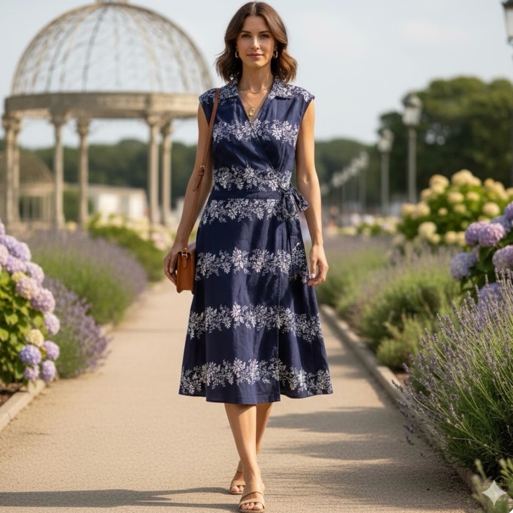 Tommy Hilfiger Women's Size M Navy Floral 100% Cotton Wrap Dress Midi Sleeveless